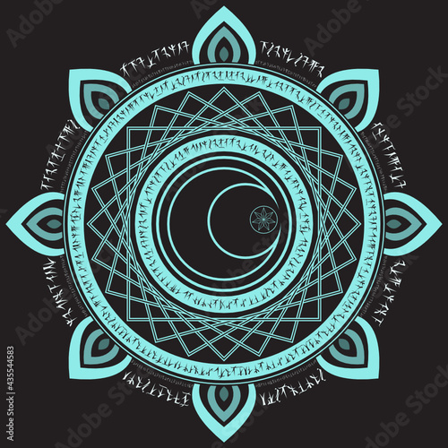 light blue magic incantation circle with fantasy alphabets spell (named Fotonth) with moon and star in center on black background