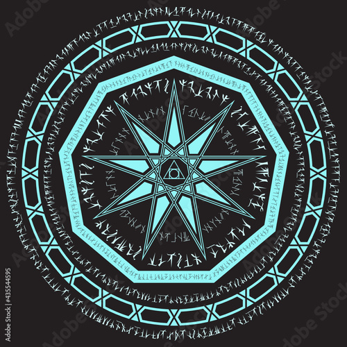 light blue nine star magic incantation circle with fantasy alphabets spell (named Fotonth) on black background