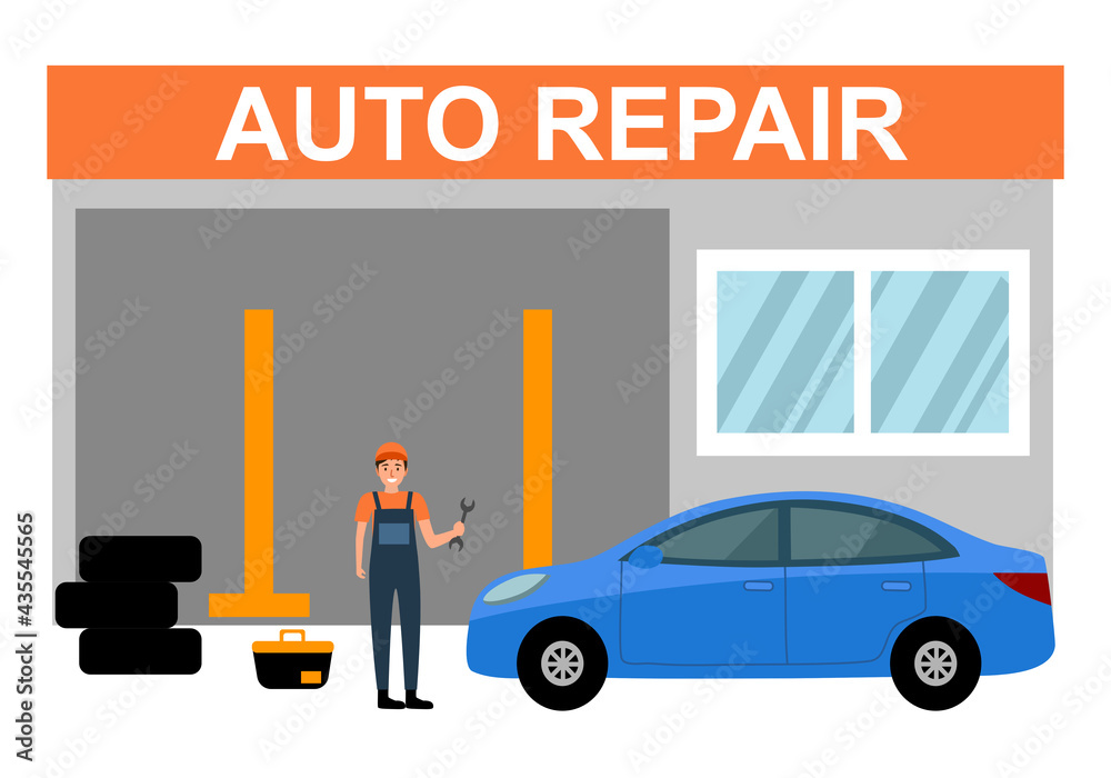 Car repair auto service concept vector illustration. Car mechanics in uniform finish fixing car in flat design.