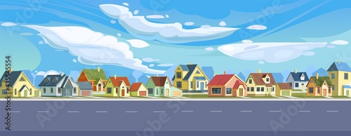 Street in a cheerful cartoon flat style. Asphalt wide road. A village or a small rural town. Small houses. Ski and clouds. Small cozy suburban cottages with gable roofs. Vector.
