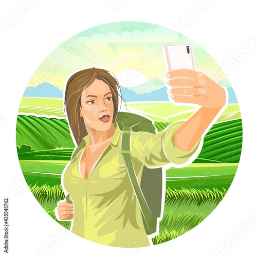 Selfie. Beautiful girl tourist. Backpack. Against backdrop of rural landscape with mountains, meadows and fields. Ecotourism. Pretty woman on journey. Flat style. Travel. Illustration vector