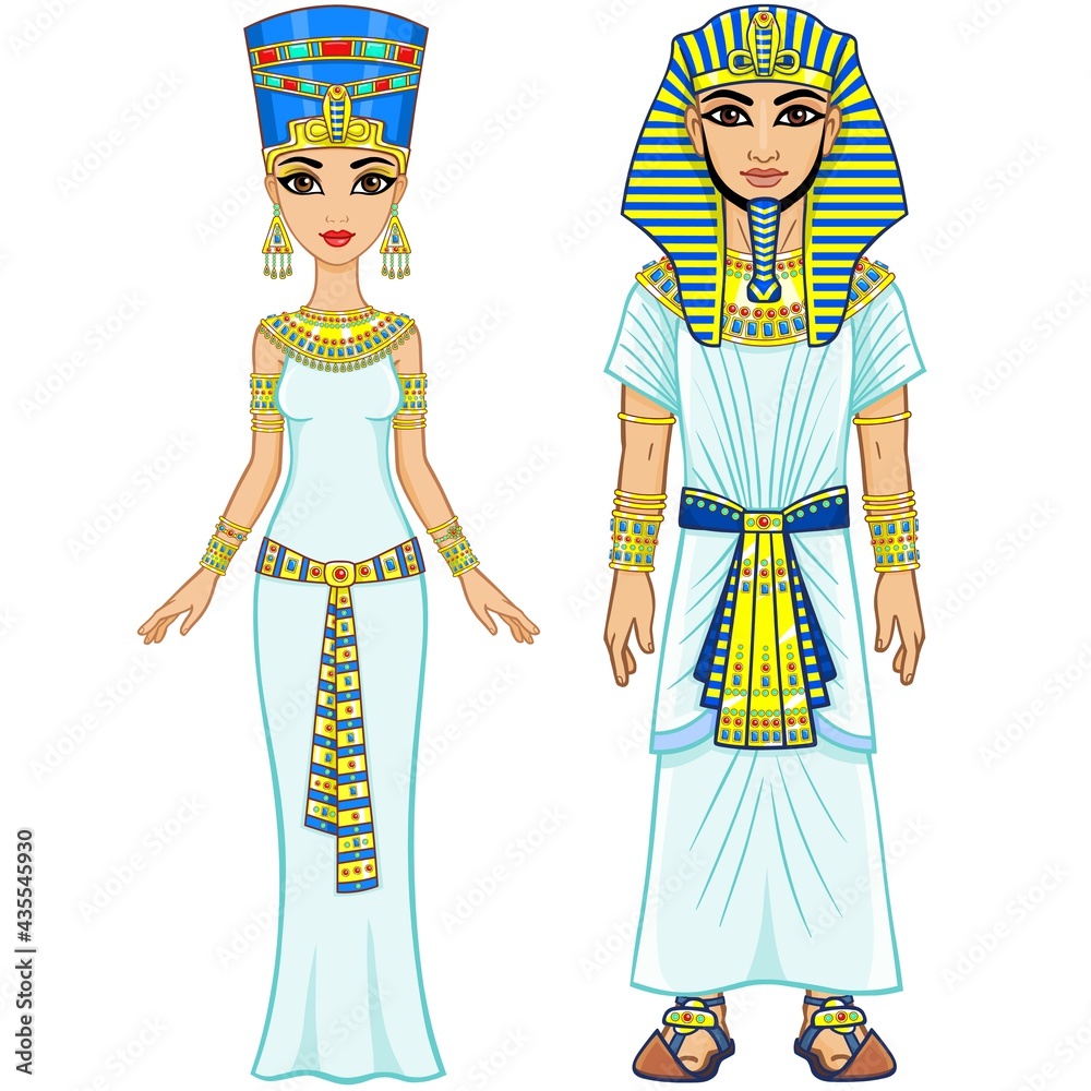 Animation Egyptian imperial family in ancient clothes. Full growth. Isolated on a white background.