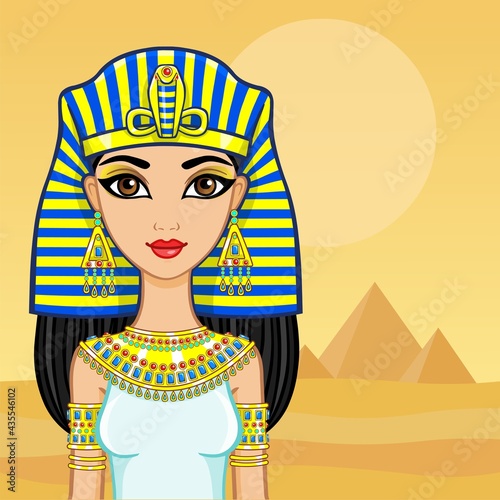Animation portrait of the Egyptian queen. A background - a landscape the desert, pyramids. The place for the text.