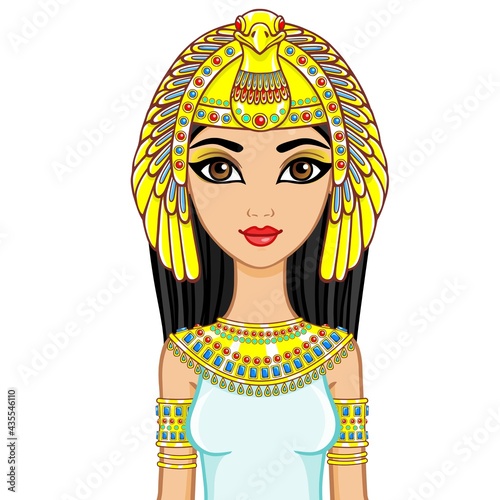 Portrait of the animation Egyptian princess in gold jewelry. Goddess Isida. The vector illustration isolated on a white background.