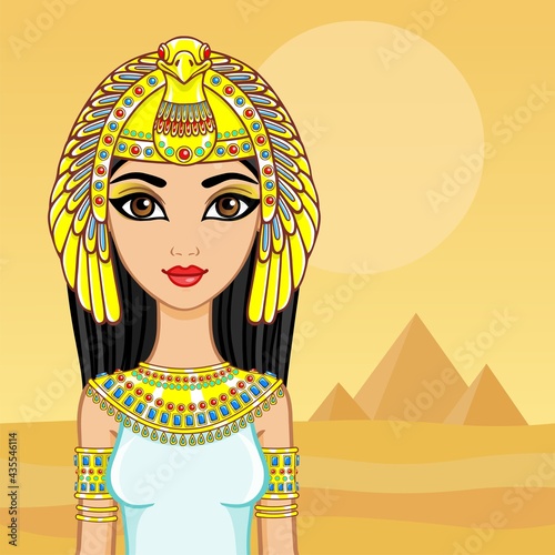 Animation portrait of the Egyptian queen. A background - a landscape the desert, pyramids. The place for the text.