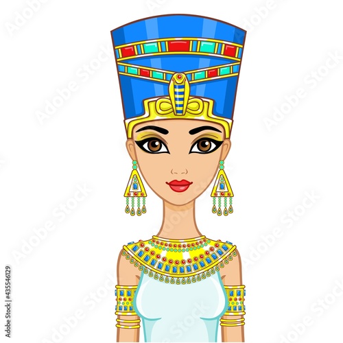 Portrait of the animation Egyptian princess in gold jewelry. Queen Nefertiti. The vector illustration isolated on a white background.