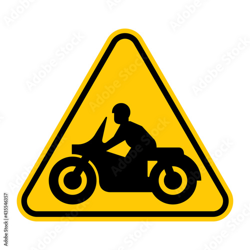 Motorcycles warning road sign. Vector illustration of yellow triangle traffic sign with motorcyclist icon inside. Caution motorbike. Motorbike riding zone symbol.