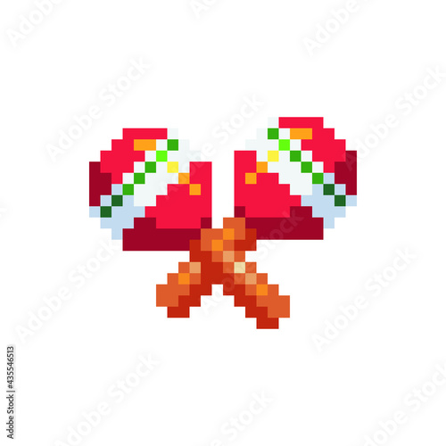 Maracas pixel art icon. Mexican maraca percussion musical instrument, rumba shaker. Isolated vector illustration. Carnival, masquerade and festive accessories. Design for stickers, logo, mobile app.