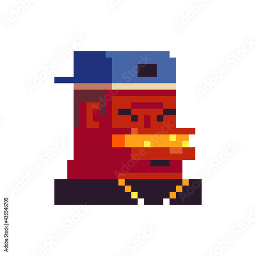Gangster man pixel art style character, african american gangsta rap stars. Avatar, portrait and profile picture. Design of 80s. Game assets. 8-bit. Isolated vector illustration.