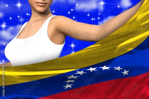 sexy girl holds Venezuela flag in front on the blue colorful clouds - flag concept 3d illustration