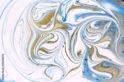 Abstract marble texture. Liquid light navy blue print pattern. Wave with gold layers illustration.