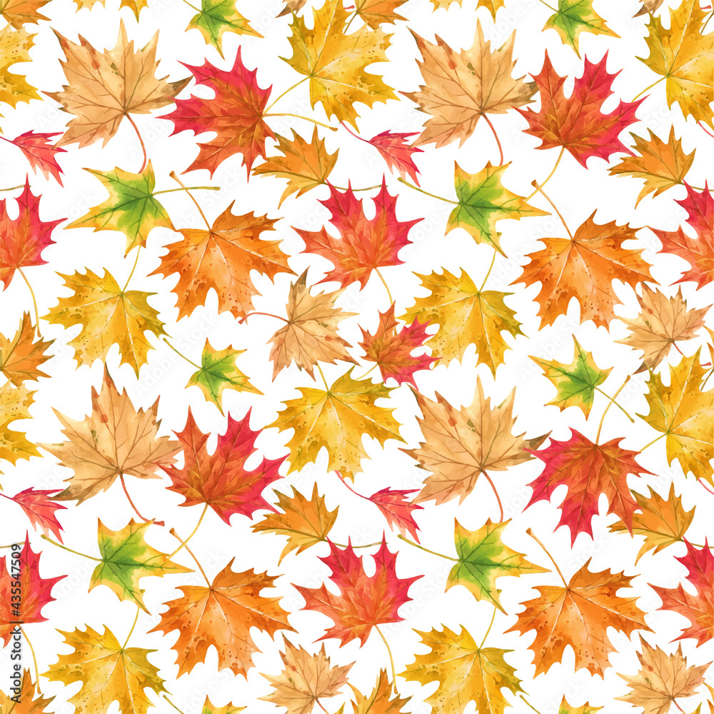 Fototapeta premium Beautiful vector seamless autumn pattern with watercolor colorful maple leaves. Stock illustration.