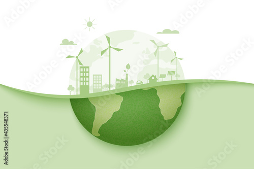 Green energy and eco city background.Ecology and Environment conservation resource sustainable concept.Vector illustration.