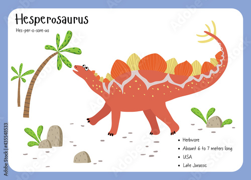 Dinosaur Fact Flash Cards - Dinosaur Names Corresponding to the English Alphabet. Cute colorful vector illustration. Herbivore set. Dinosaur vegan. Hesperosaurus