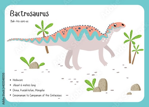 Dinosaur Fact Flash Cards - Dinosaur Names Corresponding to the English Alphabet. Cute colorful vector illustration. Herbivore set. Dinosaur vegan. Bactrosaurus