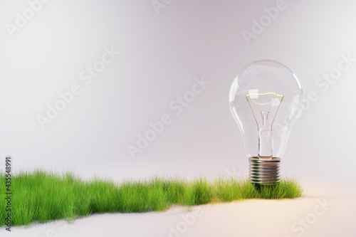 small strip of growing plants and trees with standing light bulb, nature on neutral grey background; conceptual energy saving; 3D Illustration