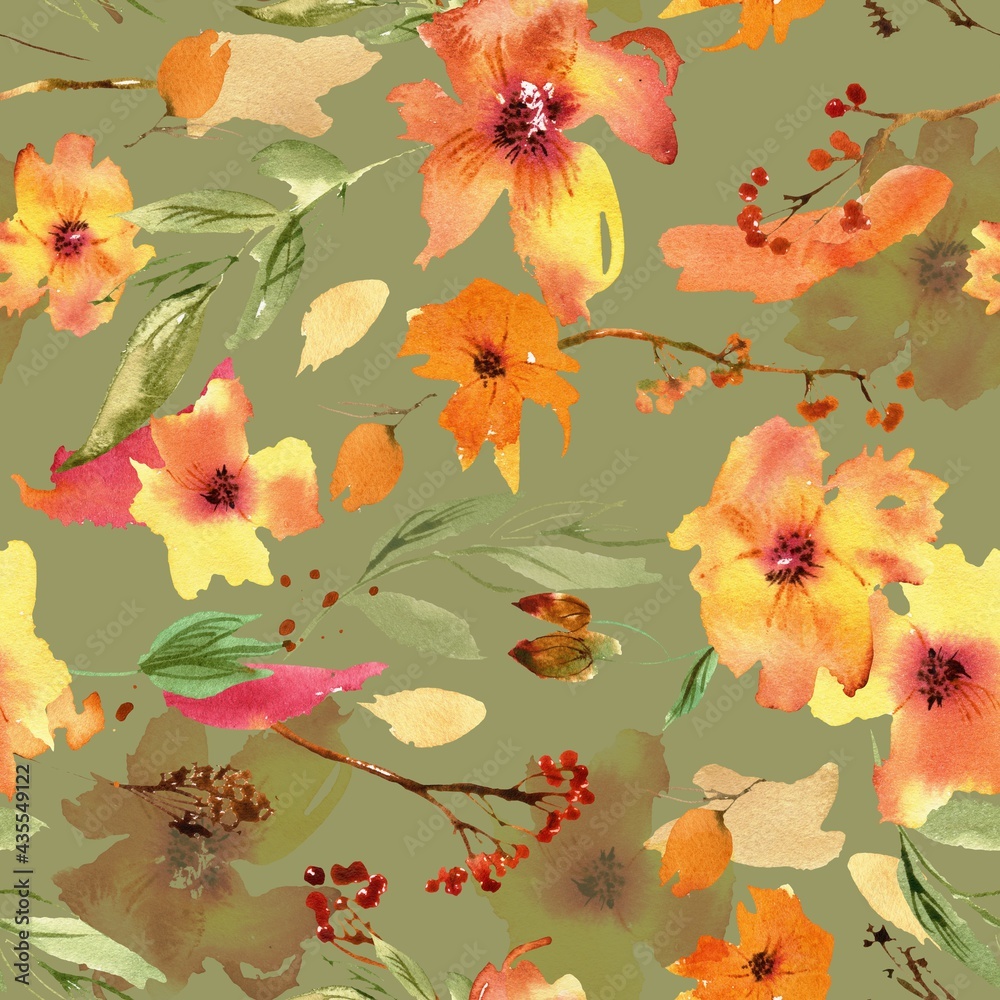 Watercolor hand painted seamless 
floral pattern with bright orange flowers and red berries