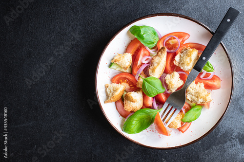 panzanella tomato salad , croutons, onion, rusk on the table healthy food meal snack vitamin copy space food background rustic. top view veggie vegan or vegetarian food