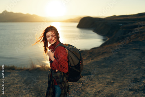 woman tourist backpack travel fresh air adventure nature