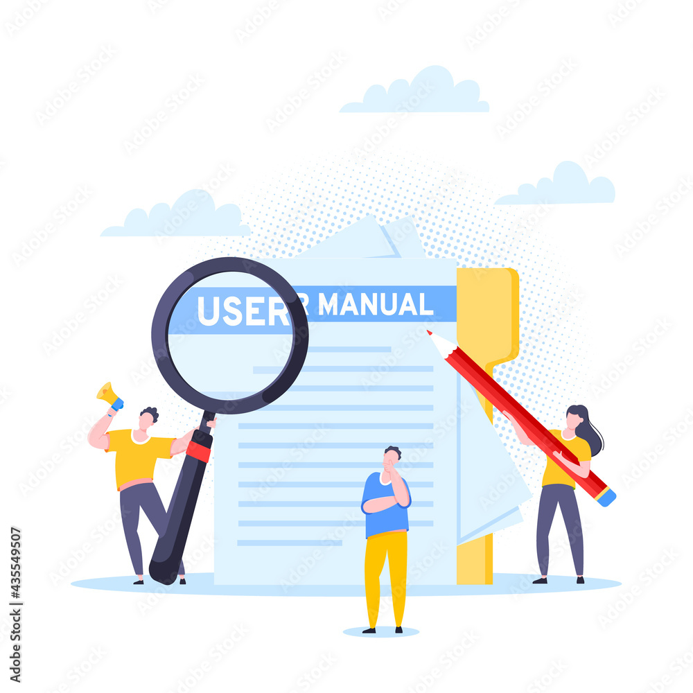 User manual guide book flat style design vector illustration. Tiny people, magnifying glass and pencil working together with guide book. Specifications user guidance document. User manual guide book flat style design vector illustration. Tiny people, magnifying glass and pencil working together with guide book. Specifications user guidance document.