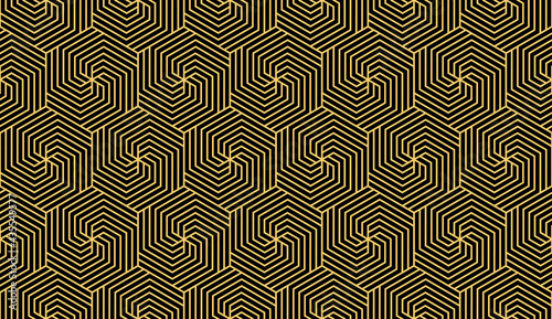 Abstract geometric pattern with stripes, lines. Seamless vector background. Gold and black ornament. Simple lattice graphic design