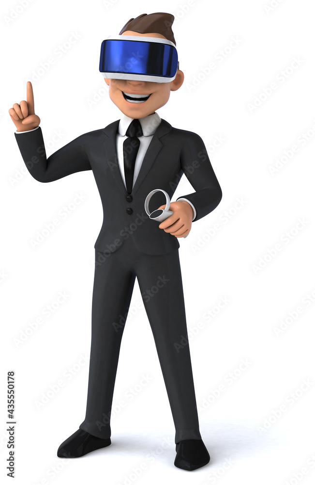 Fun 3D illustration of a cartoon businessman with a VR helmet Fun 3D illustration of a cartoon businessman with a VR helmet