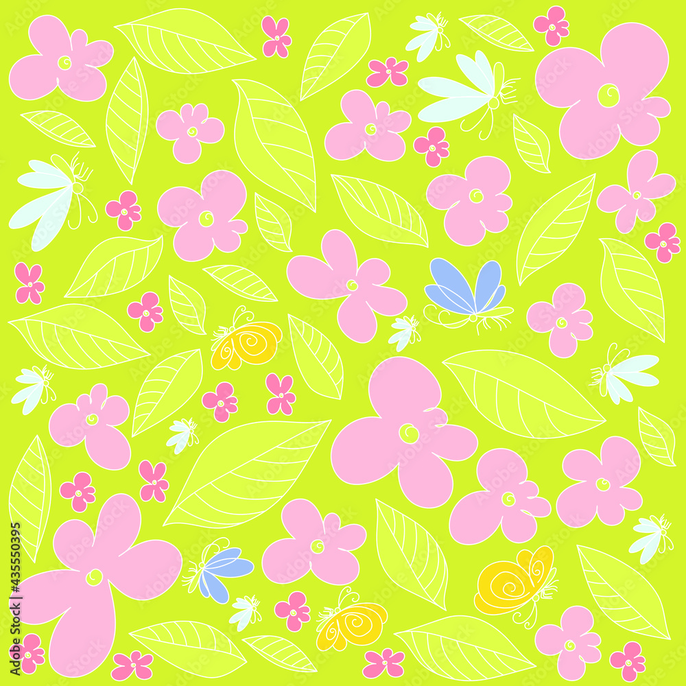 custom made wallpaper toronto digitalVector seamless pattern with leaves, flowers and butterflies in the style of doodle. Bright texture for printing on clothes, interior decor and printing.