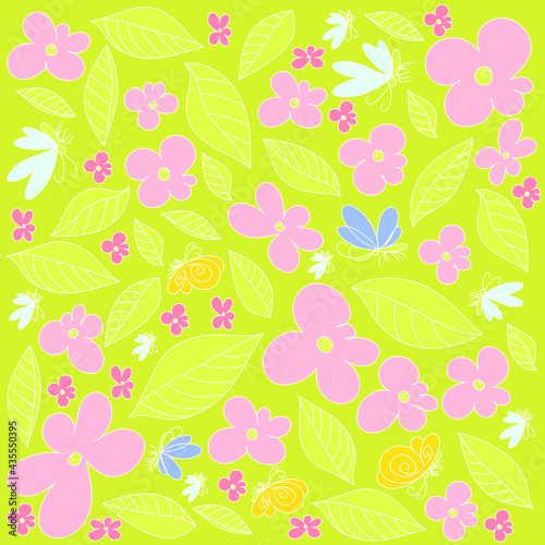 Wallpaper Mural Vector seamless pattern with leaves, flowers and butterflies in the style of doodle. Bright texture for printing on clothes, interior decor and printing. Torontodigital.ca
