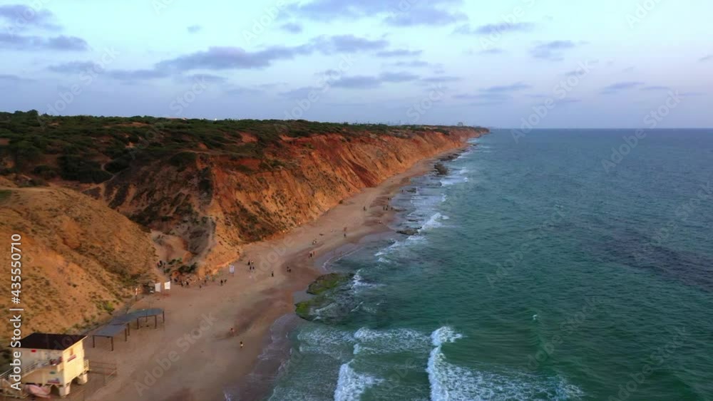 Aerial View Of Beach Against Sky, Sea Waves Rushing Towards Coastline - Shefayim, Israel Aerial View Of Beach Against Sky, Sea Waves Rushing Towards Coastline - Shefayim, Israel