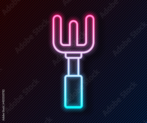 Glowing neon line Garden rake icon isolated on black background. Tool for horticulture, agriculture, farming. Ground cultivator. Housekeeping equipment. Vector