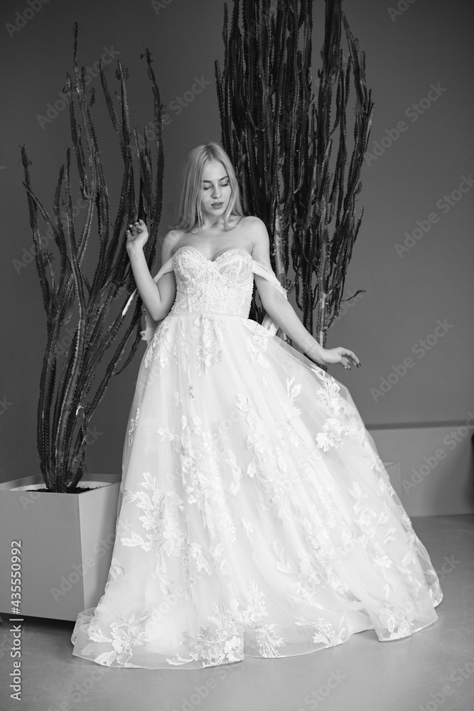 The beautiful young woman posing in a wedding dress The beautiful young woman posing in a wedding dress