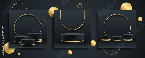 Round podium, platform or pedestal set. 3d cylinder exhibit displays. Luxury backgrounds for product presentation. Black and gold. Vector illustration.