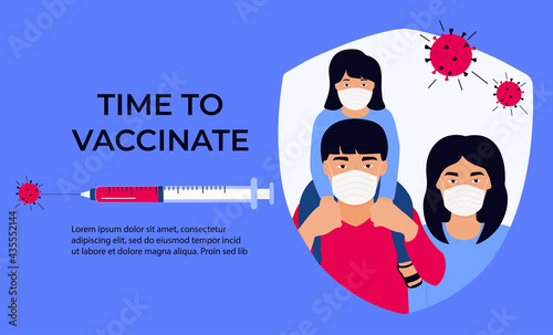Asian Family Vaccination banner. Time to vaccinate. Syringe with vaccine for coronavirus COVID-19. Immunization campaign concept. Chinese Father and mother with daughter in protective masks