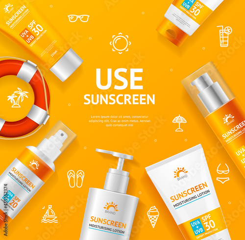 Sunscreen Concept Banner Card with Realistic 3d Detailed Elements. Vector