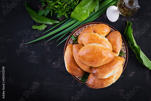 Traditional Ukrainian pies with eggs, green onion, sorrel on dark  background. Russian piroshki, homemade baked patties. Top view, above, copy space