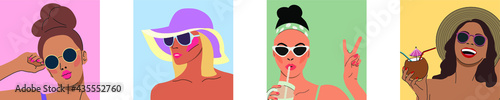 Set of summer avatars with girls in swimwear. Flat pastel design.