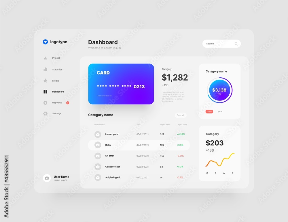 Vettoriale Stock Dashboard design. Desktop app with UI elements. Use for  web application or website. | Adobe Stock