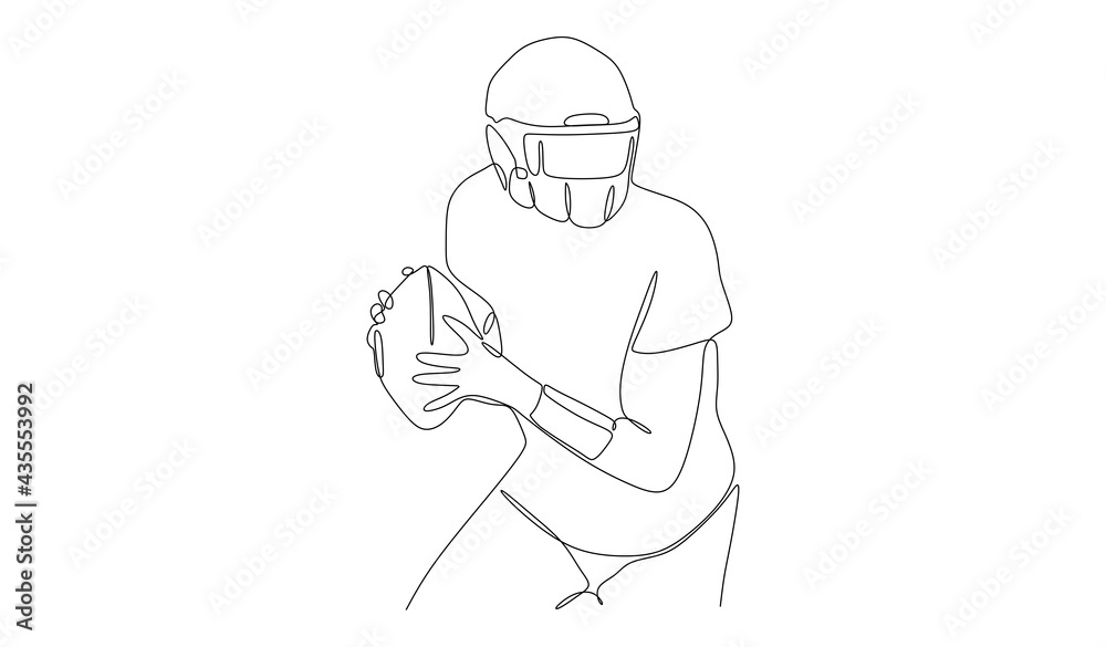 Obraz premium Football player in helmet keep the ball and going to throw - continuous one line drawing