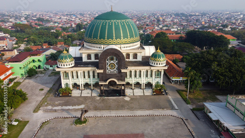 Aerial view of beautiful modern Mosque in Bekasi. Bekasi, Indonesia : May 25, 2021