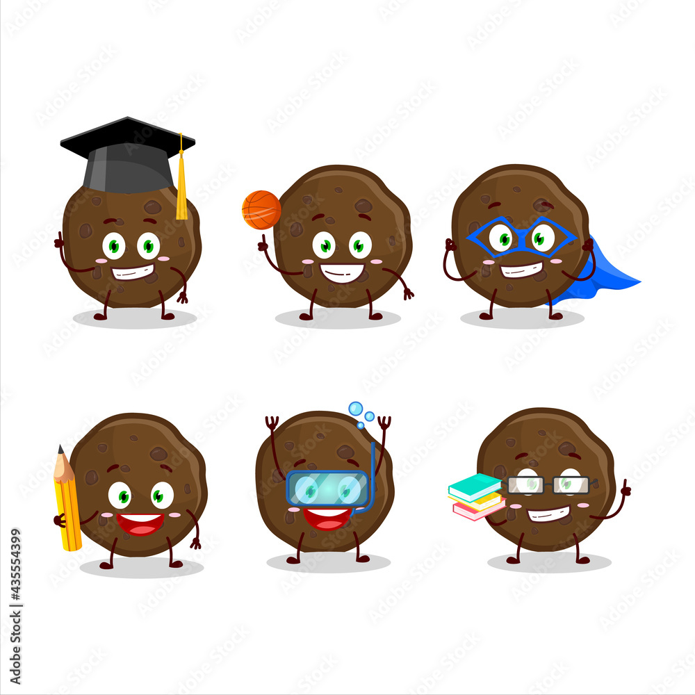 School student of chocolate cookies cartoon character with various expressions