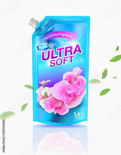 Fabric softener products refill  Premium design, fragrant flowers, blue refill, silver bottle caps on a white background, advertising media, fabric softeners, iron detergent, dry cleaners, detergents.