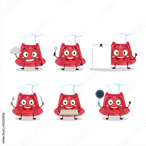 Cartoon character of red pudding with various chef emoticons