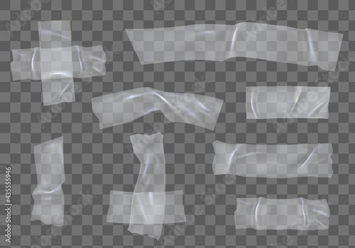 Plastic adhesive tape. Realistic transparent duct sellotape pieces and cross. Torn wrinkled sticky stripe with glue for fixing vector set