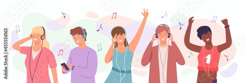 People enjoy music. Man and woman in headphones dancing. Happy teenagers listen songs on mobile. Radio music podcast cartoon vector concept