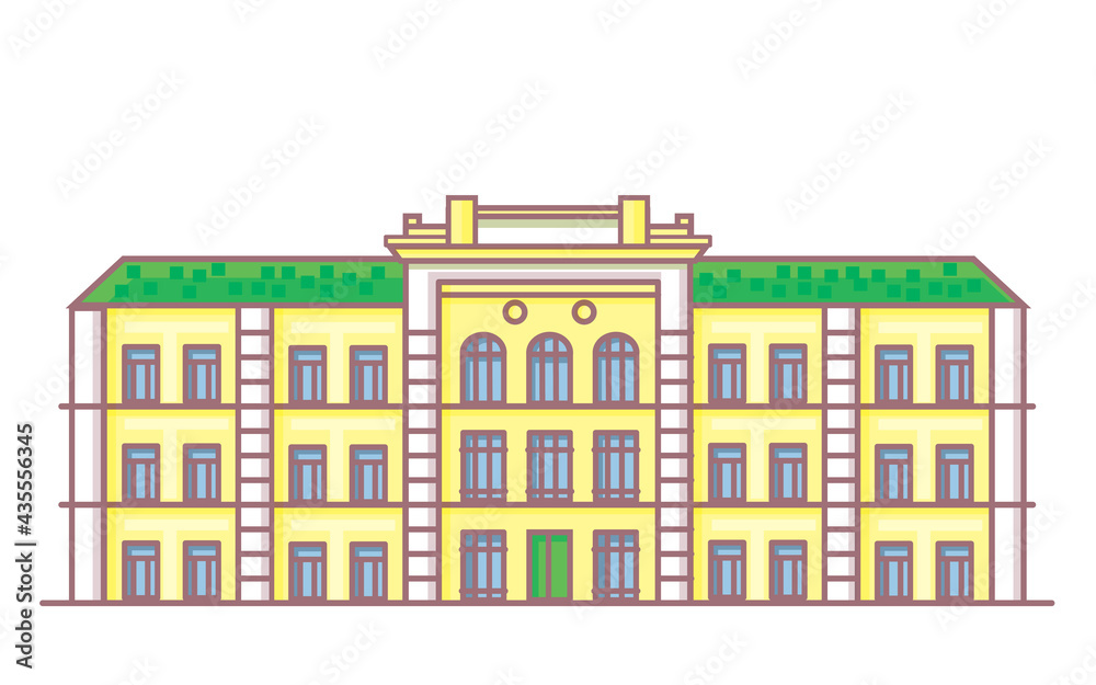 Old Public building. Building contour school. Isolated vector illustration. Continuous line art drawing vector illustration. abstract design. School building icon. Abstract background.