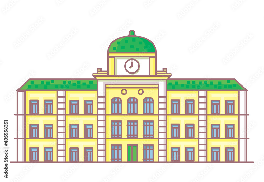 Fototapeta premium Old Public building. Linear building contour school for web design. City landscape.