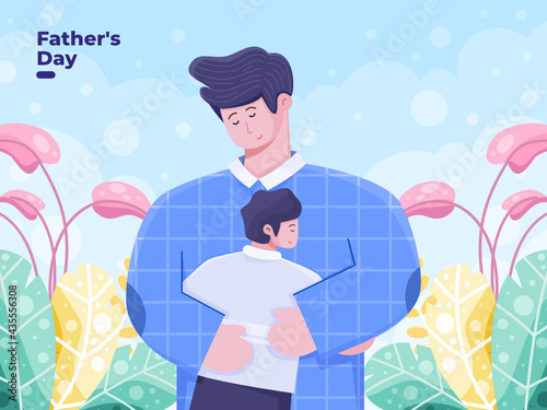 Father's Day vector flat illustration with father hug her sons, Father loving her children, Happy Father`s day!,  Children hug daddy, Best dad ever. Suitable for greeting card, invitation, poscard,etc