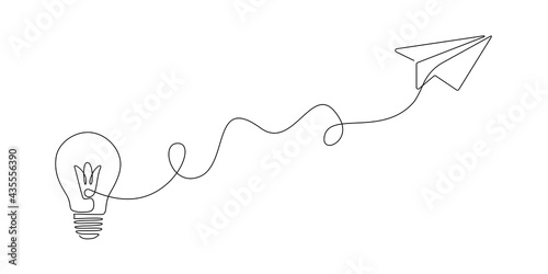 Paper plane flying up connected with light bulb in one continuous line drawing. Airplane in outline style. Startup business idea concept with editable stroke. Vector illustration