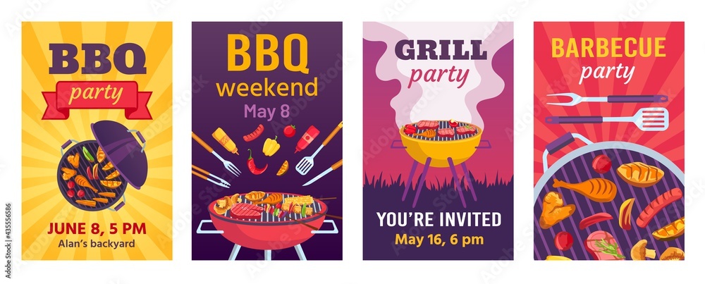 Barbecue posters. BBQ party invitations for summer outdoor picnic in park or back yard with food on grill. Cookout event flyers vector set