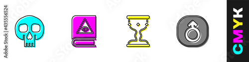 Set Skull, Ancient magic book, Medieval goblet and Mars icon. Vector